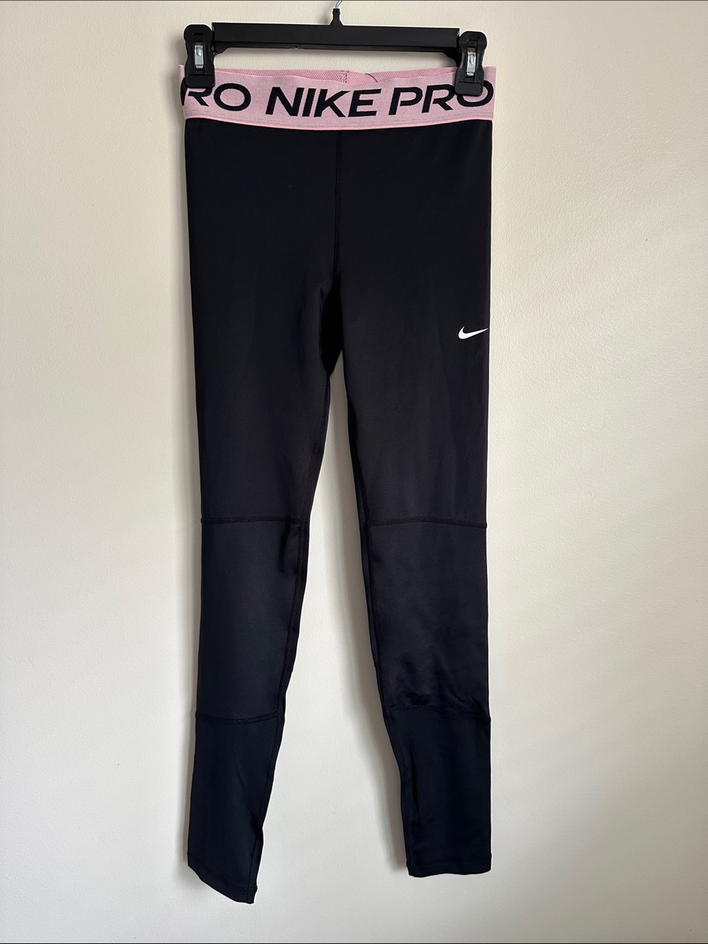 Nike Pro Black Mid Rise Leggings (full length) with Pink Elastic Waistband